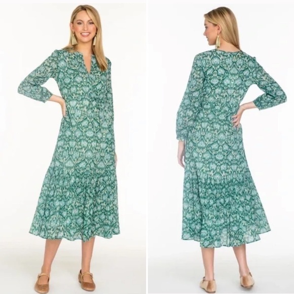 Olivia James Lydia Long Sleeve Ruffle Skirt Midi Dress in Geo Spot Lush Green - Picture 6 of 6